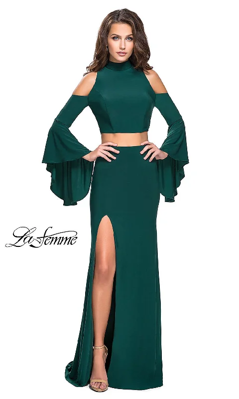 Evening Dress with Satin and Crystal Skirt-La Femme Long Cold-Shoulder Prom Dress