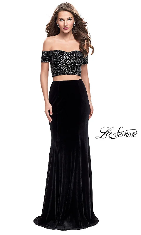 Evening Dress with Crystal and Satin Detail-Long Two-Piece Off-the-Shoulder Velvet La Femme Prom Dress