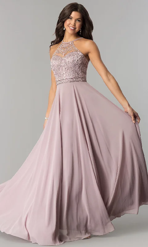 Evening Dress with Plunging Neckline-Embroidered-Bodice Long Formal Chiffon Prom Dress