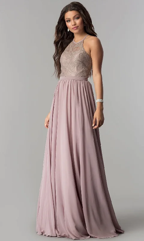 Evening Dress with Satin and Crystal Embellishments-Lace-Bodice A-Line Long Chiffon Prom Dress