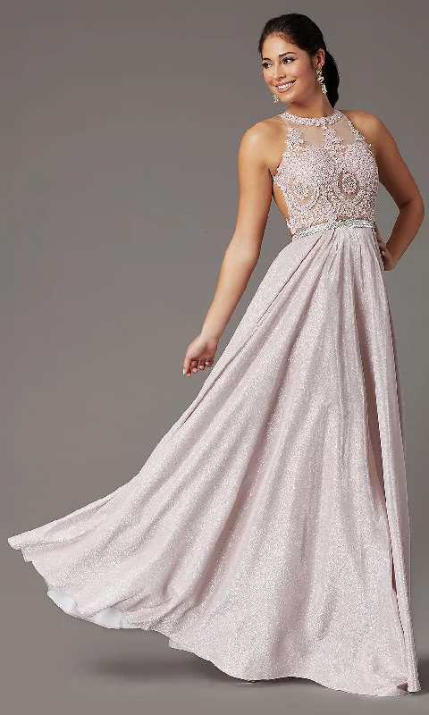 Evening Dress with Satin Ribbon and Crystals-Embellished-Bodice Long Glitter-Knit Prom Dress