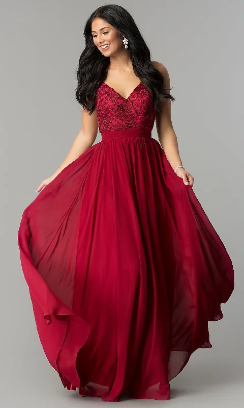 Evening Dress with Crystal Skirt and Bodice-A-Line Long Chiffon Prom Dress with Embroidered Lace