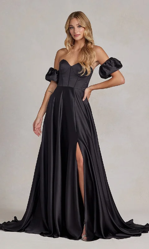 Evening Dress with Sparkling Satin Details-Puff Sleeve Corset Strapless Long Prom Dress K1122