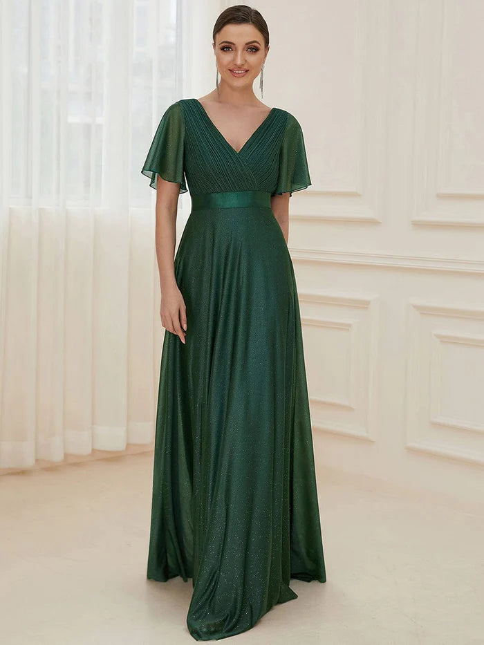 Evening Dress for New Year’s Eve Gala-Long Shimmery Flutter Sleeve Pleated V-Neck Evening Dress