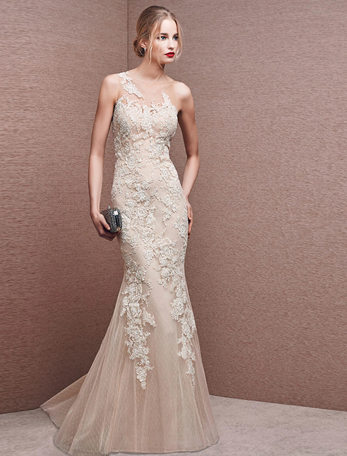 Evening Dress with Satin Bodice and Mesh-Mermaid / Trumpet Beautiful Back White Engagement Formal Evening Dress Illusion Neck Sleeveless Floor Length Lace with Appliques