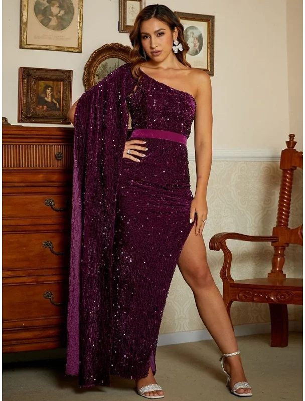 Evening Dress with Silk Bodice and Satin Layers-Mermaid / Trumpet Evening Gown Elegant Dress Formal Ankle Length Sleeveless One Shoulder Sequined with Glitter Slit