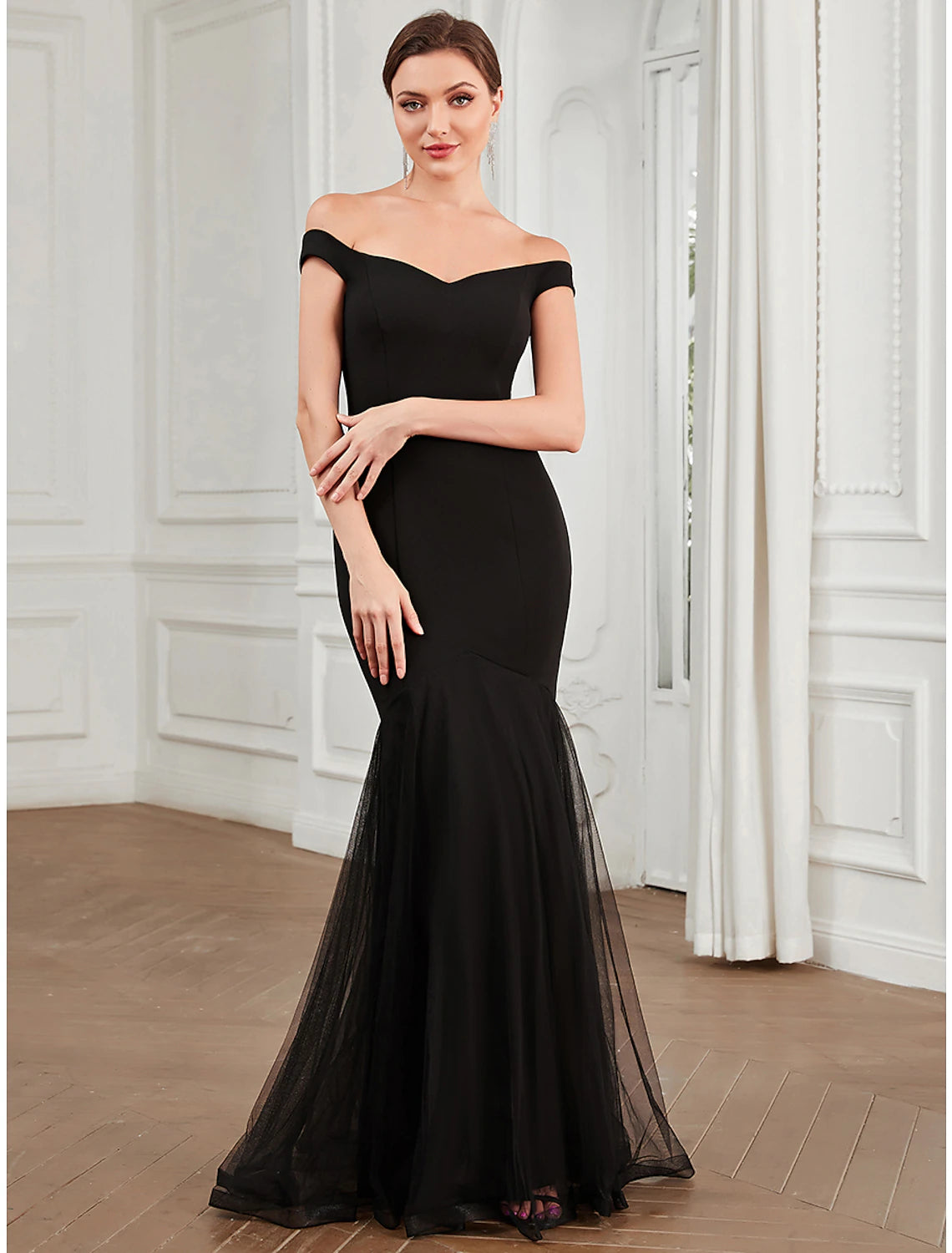 Evening Dress with Beaded Applique-Mermaid / Trumpet Evening Gown Elegant Dress Party Wear Wedding Guest Floor Length Sleeveless Off Shoulder Polyester with Pleats