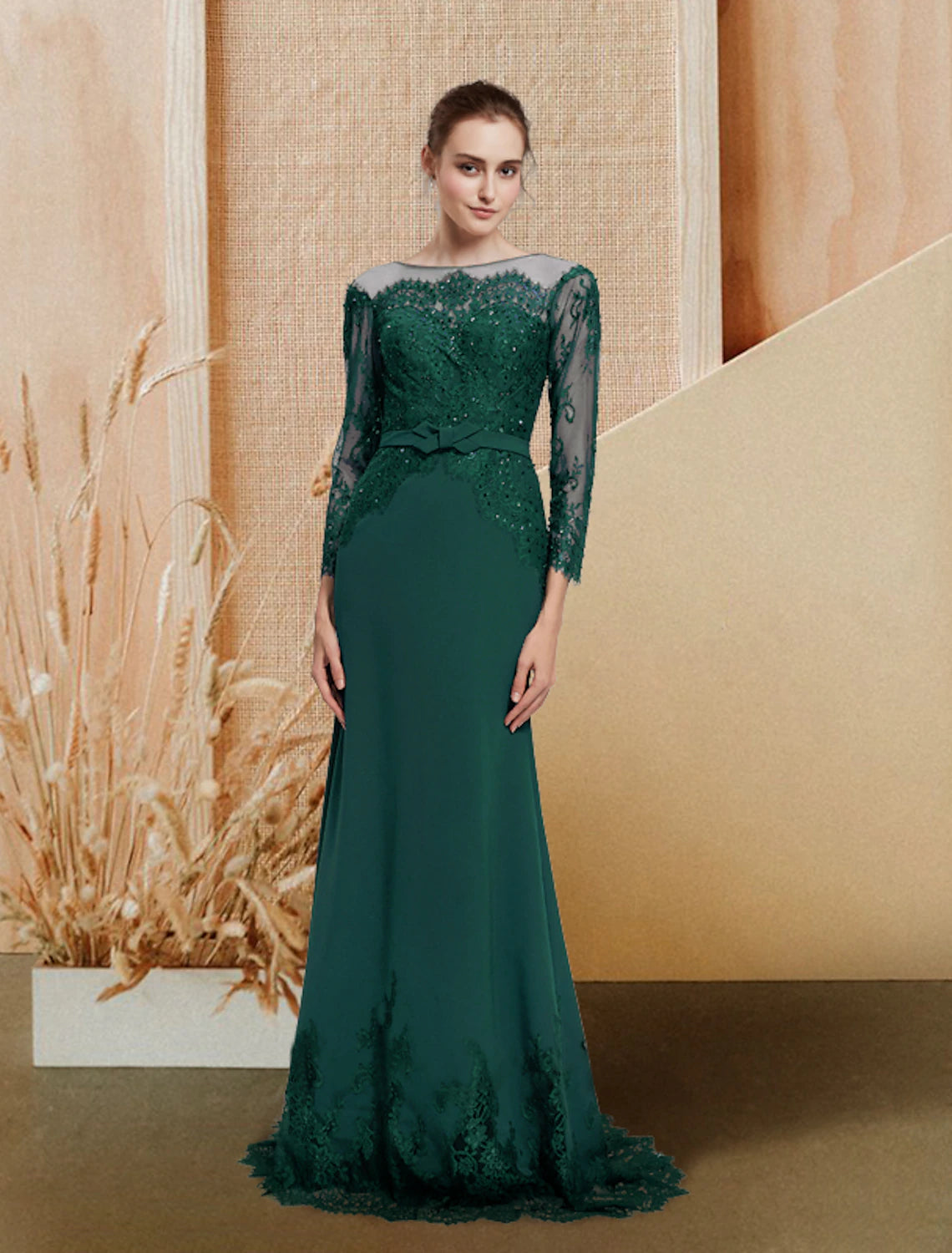 Evening Dress with Sequin and Tulle Detail-Mermaid / Trumpet Evening Gown Luxurious Dress Wedding Guest Engagement Sweep / Brush Train Long Sleeve Jewel Neck Chiffon with Bow(s) Sequin Appliques