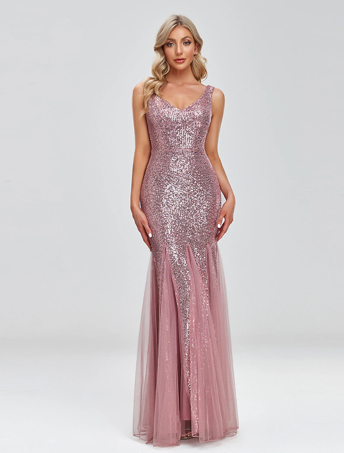 Evening Dress with Silk and Beaded Train-Mermaid / Trumpet Evening Gown Sparkle Dress Wedding Guest Formal Evening Floor Length Sleeveless V Neck Tulle V Back with Sequin Splicing