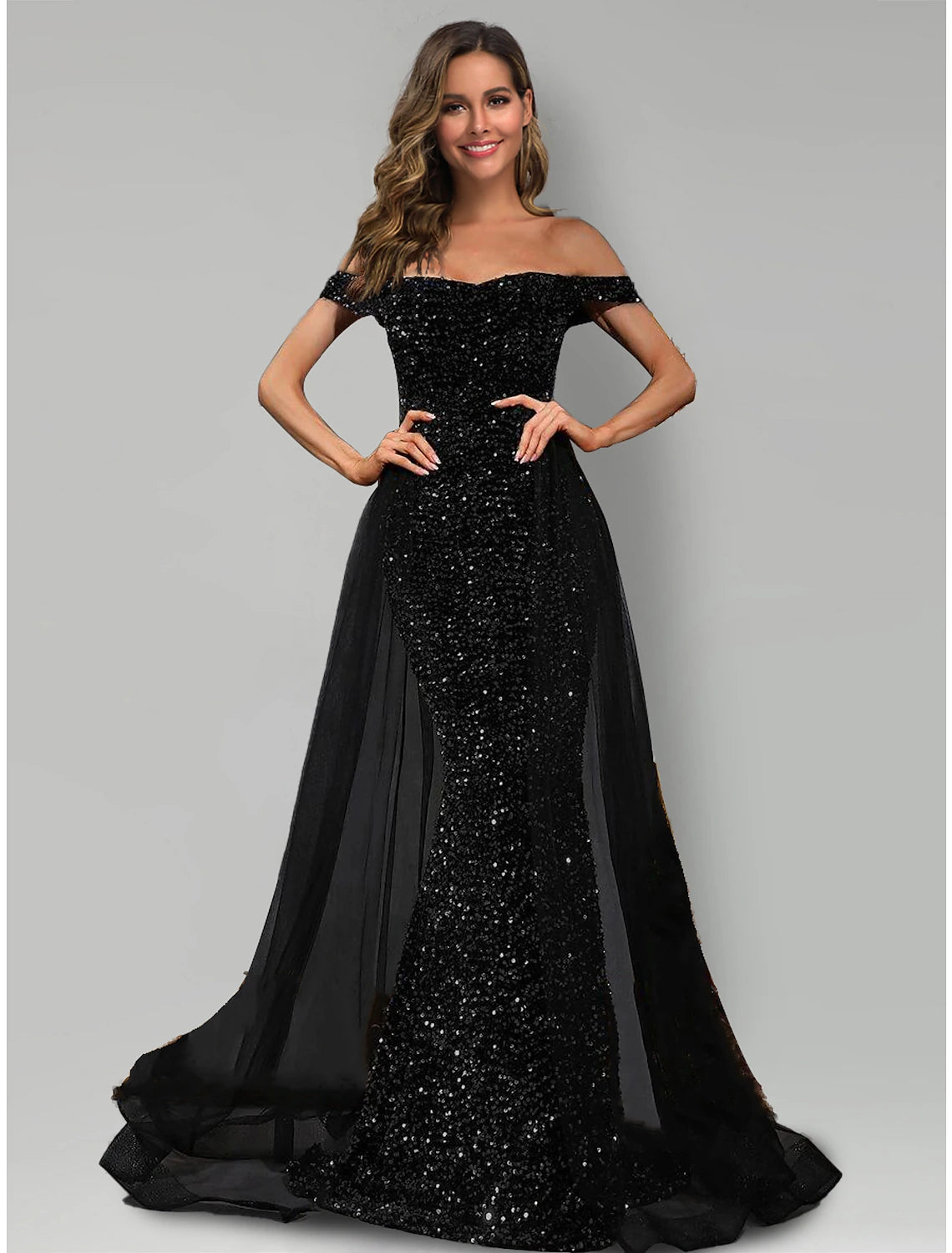 Evening Dress for Black-Tie Wedding-Mermaid / Trumpet Evening Gown Sparkle & Shine Dress Formal Black Tie Sweep / Brush Train Sleeveless Off Shoulder Tulle with Sequin