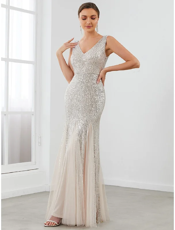 Evening Dress for Chic Gala-Mermaid / Trumpet Evening Gown Sparkle & Shine Dress Formal Evening Floor Length Sleeveless V Neck Sequined V Back with Sequin Pure Color