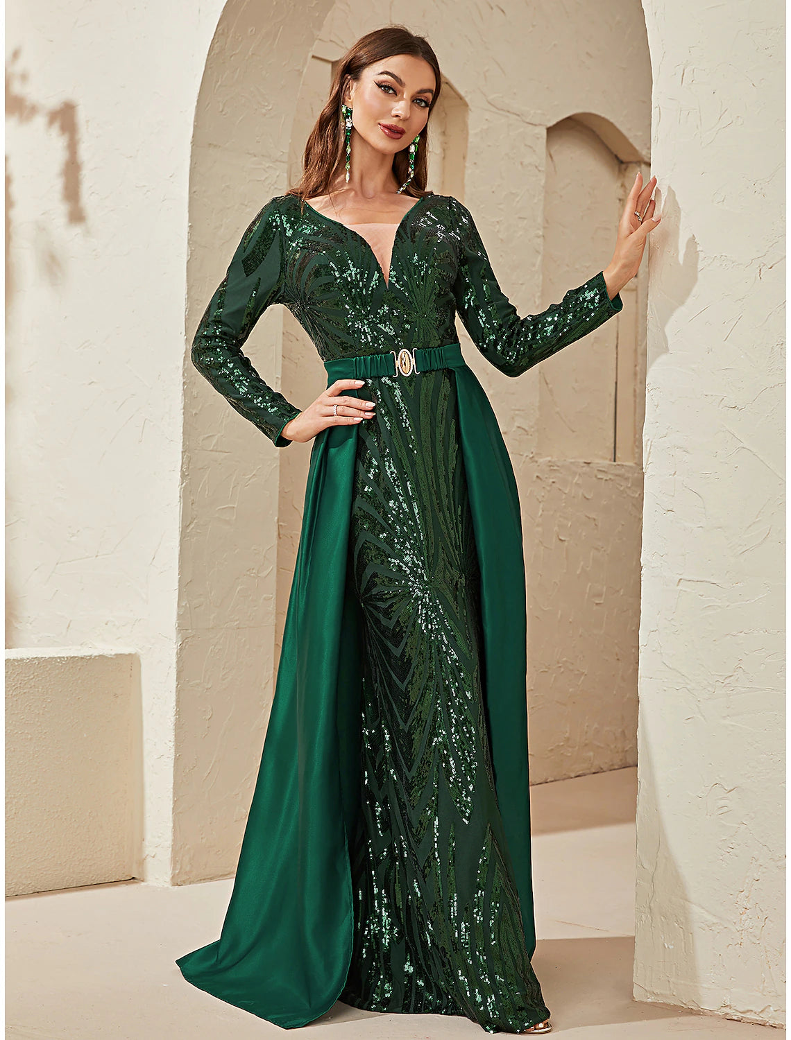 Evening Dress for Royal Celebration-Mermaid / Trumpet Evening Gown Sparkle & Shine Dress Formal Wedding Sweep / Brush Train Long Sleeve V Neck Detachable Polyester with Sequin Overskirt