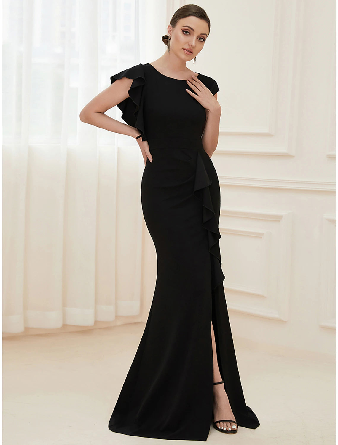 Evening Dress for Fall Gala Event-Mermaid / Trumpet Evening Gown Vintage Dress Formal Wedding Guest Floor Length Short Sleeve Jewel Neck Nylon with Ruffles Slit