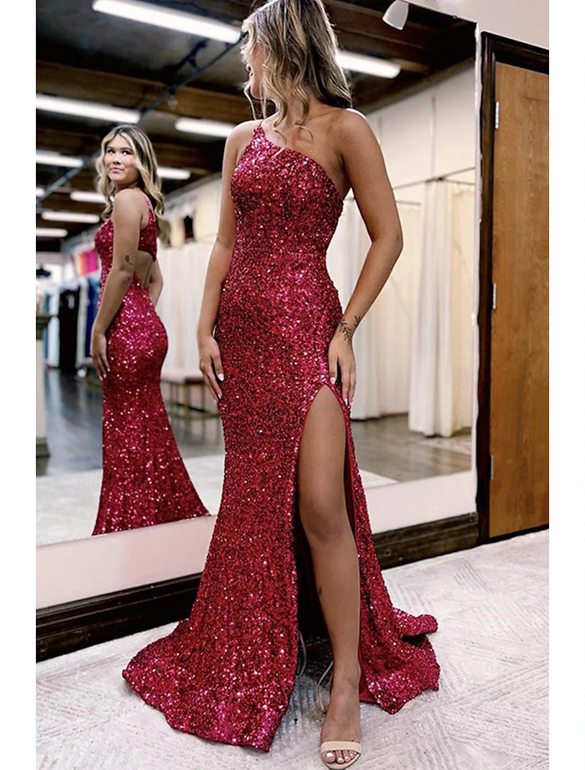 Evening Dress with Lace and Satin Layers-Mermaid / Trumpet Prom Dresses Sparkle & Shine Dress Formal Wedding Party Court Train Sleeveless One Shoulder Sequined with Sequin Slit