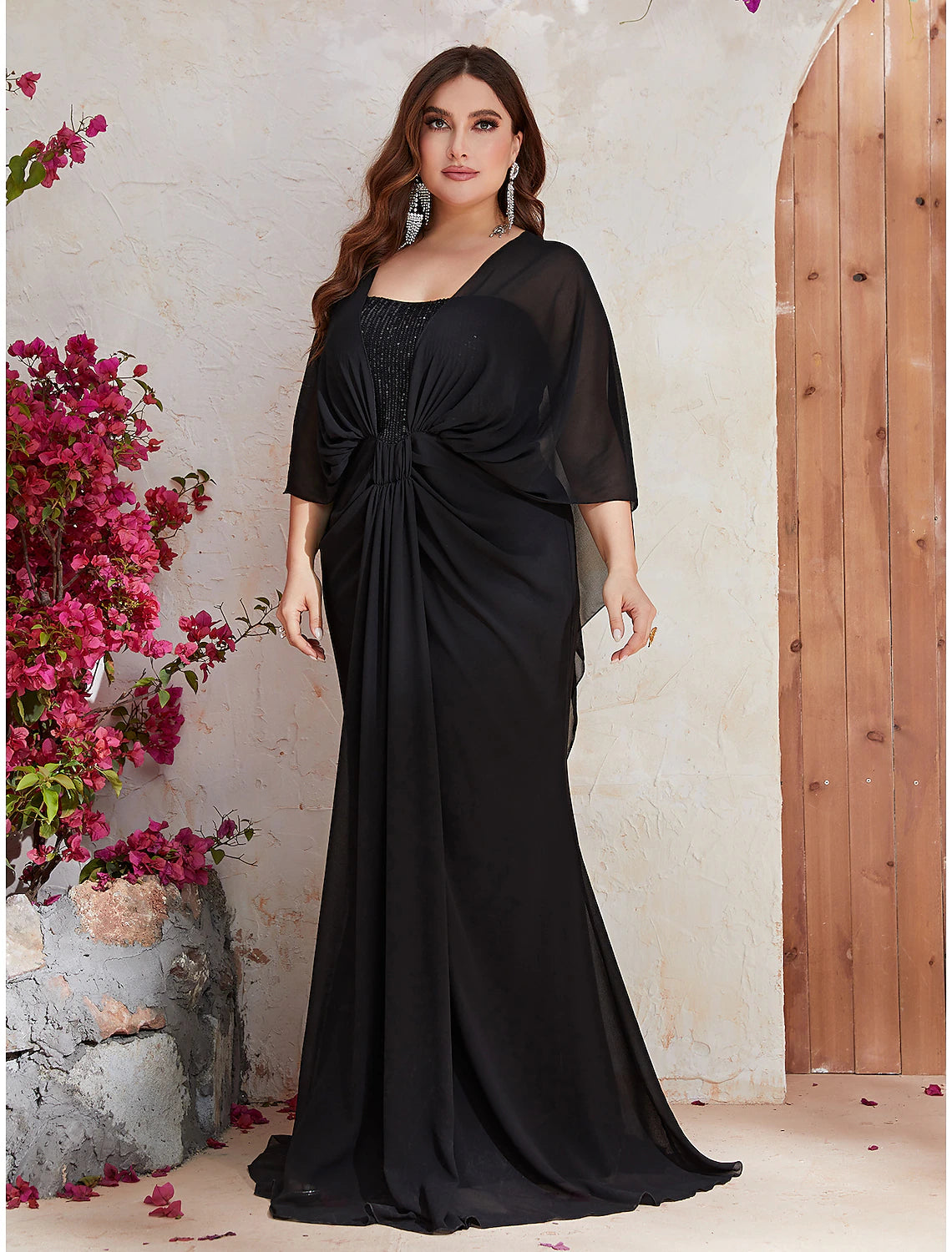 Evening Dress with Satin Bodice and Feather Skirt-Mermaid / Trumpet Wedding Guest Dresses Plus Size Dress Formal Evening Party Sweep / Brush Train Long Sleeve V Neck Polyester with Sequin Shawl