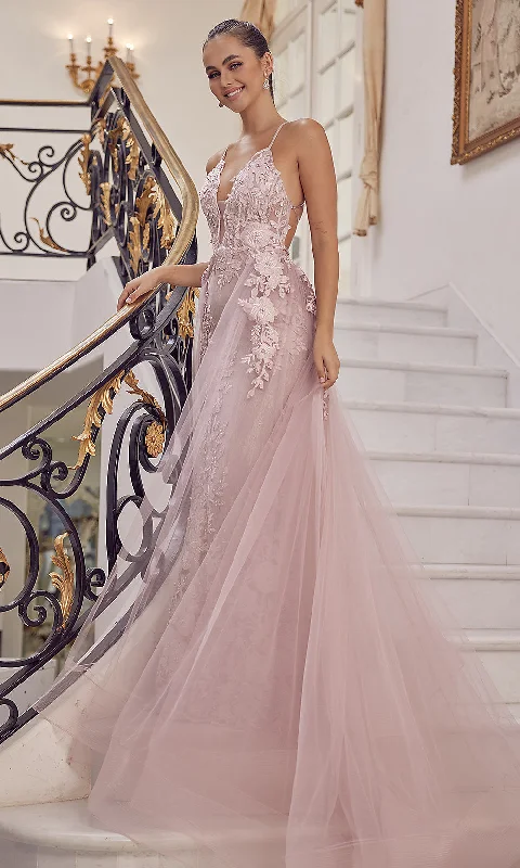 Evening Dress with Draped Bodice-Long Blush Pink Lace Prom Dress with Tulle Skirt