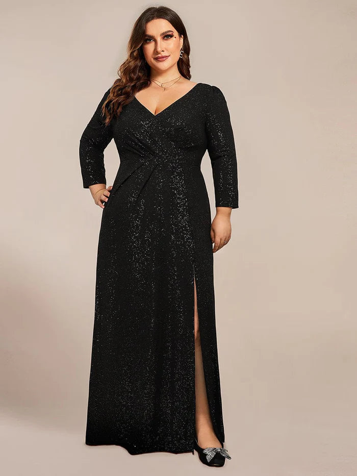 Evening Dress for Glamorous Gala-Plus Size Long Sleeve V-Neck Glitter High Slit Evening Dress