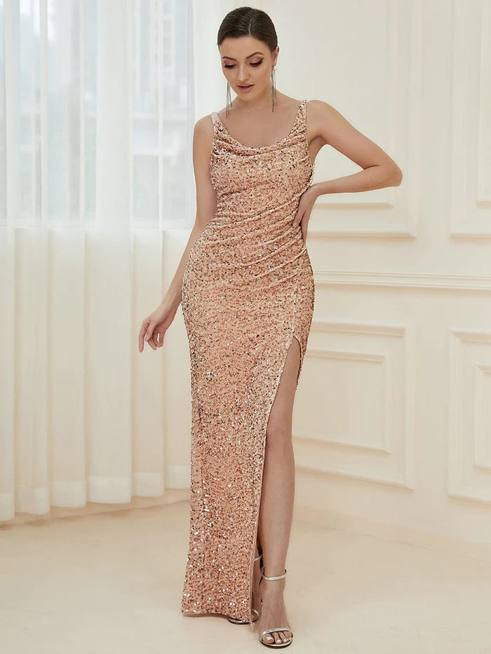 Evening Dress with Satin Bodice and Feather-Sequin Ruched Thigh High Slit Floor Length Evening Dress