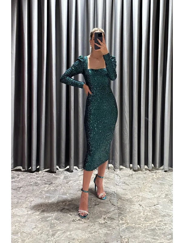 Evening Dress with Satin and Lace Sleeves-Sheath / Column Evening Gown Elegant Dress Formal Fall Tea Length Long Sleeve Square Neck Sequined with Glitter Slit