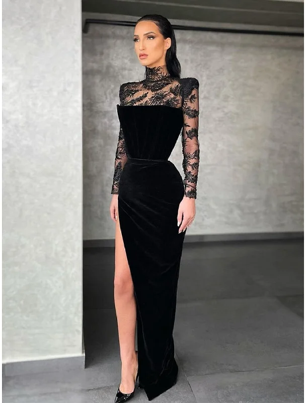 Evening Dress for Luxury Fashion Night-Sheath / Column Evening Gown Elegant Dress Formal Floor Length Long Sleeve High Neck Lace with Slit