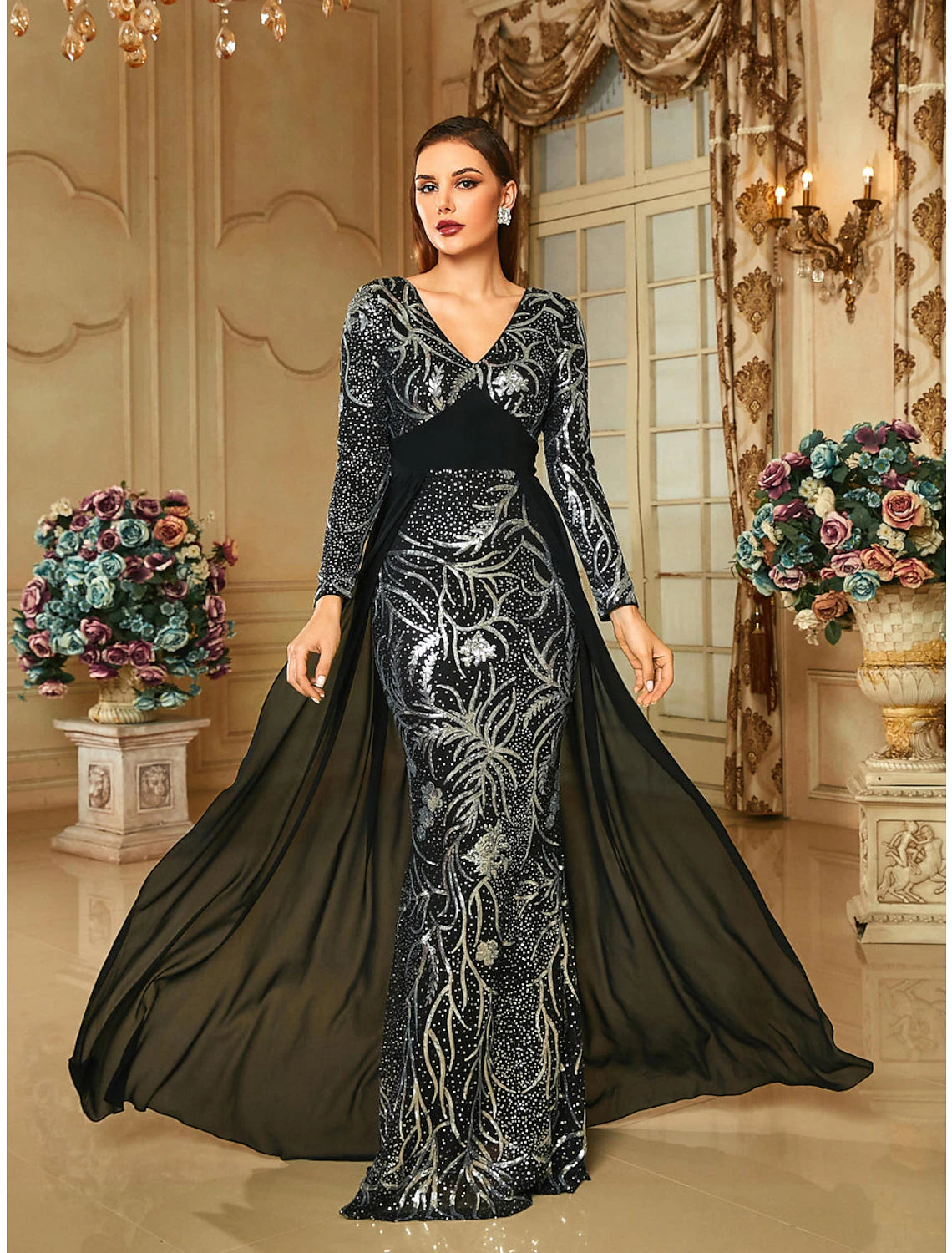 Evening Dress with Silk Bodice and Tulle Skirt-Sheath / Column Evening Gown Elegant Dress Formal Sweep / Brush Train Long Sleeve V Neck Sequined with Glitter Pleats