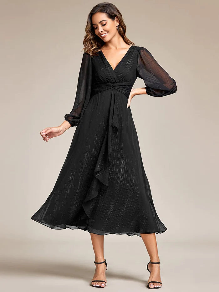 Evening Dress with Beaded Bodice and Silk Skirt-Shimmering Long Sleeve V-Neck Chiffon Twist Knot A-Line Evening Dress