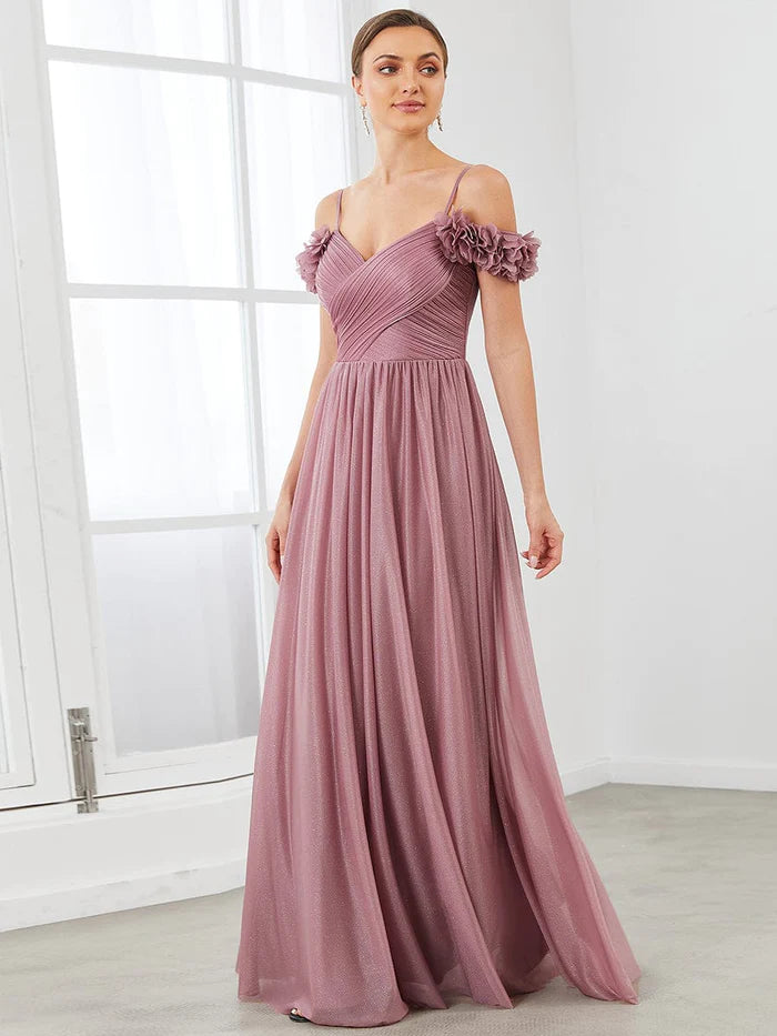 Evening Dress with Silk Bodice and Satin Details-Shining Off-Shoulder Floral V-Neck Evening Dress