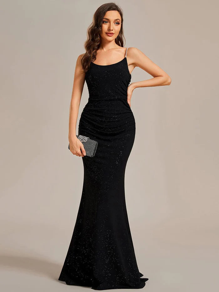 Evening Dress with Satin Bodice and Feather Skirt-Sparkling Glitter Spaghetti Strap Open Back Bodycon Evening Dress