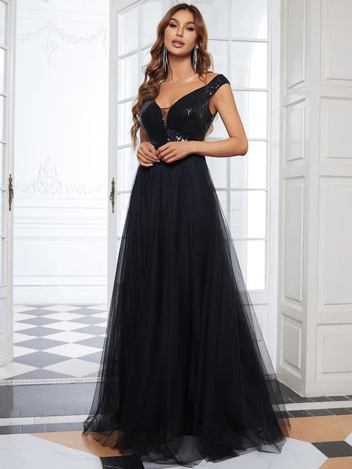 Evening Dress with Lace and Silk Bodice-Stunning High Waist Tulle & Sequin Sleevless Evening Dress