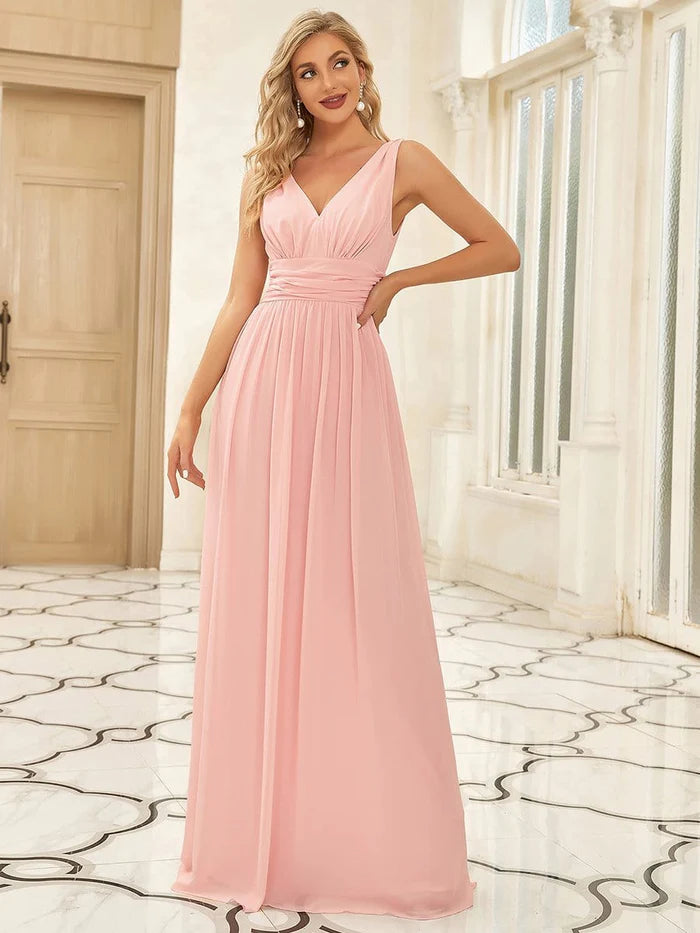 Evening Dress with Crystal Skirt and Satin Bodice-V Neck Sleeveless Pleated Chiffon Evening Dress