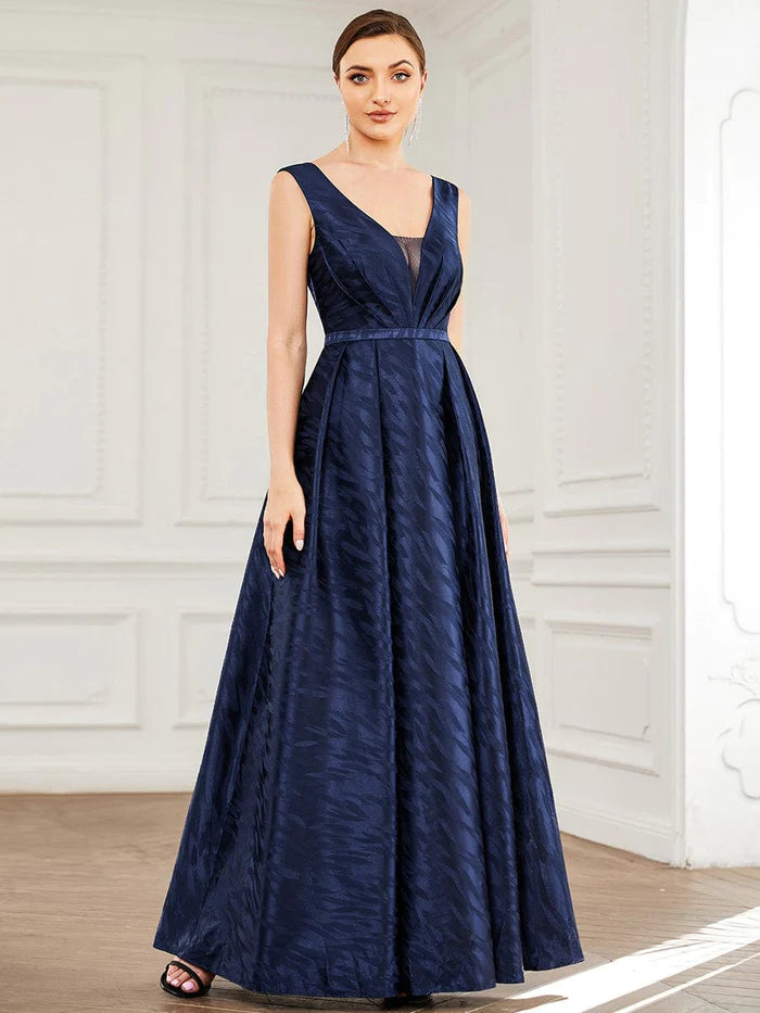 Evening Dress with Tulle Skirt and Beads-V-Neck Sleeveless Satin Empire Waist A-Line Evening Dress