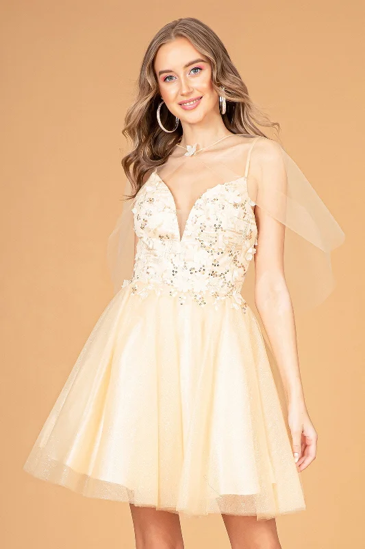 Romantic Open-Back Satin Long Party Dress-3D Floral Short Glitter Cape Dress by Elizabeth K GS3089