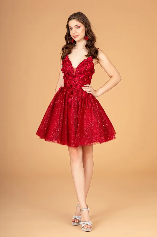 Simple Satin Red Long Party Dress-3D Floral Short Glitter Dress by Elizabeth K GS3090