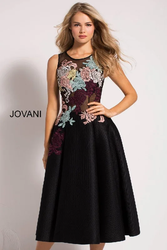 Classic Satin Long Party Dress-Applique Short Sleeveless A-line Dress by Jovani 23695