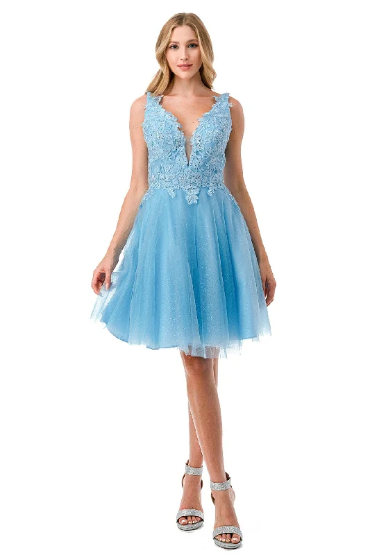 Soft Tulle Long Party Dress-Applique Short V-Neck Dress by Coya S2739J