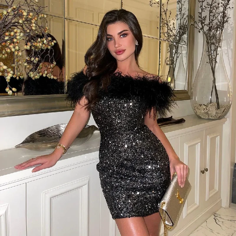 Black Bling Sequines Mini Formal Dresses Feathers Sheath Cocktail Party Dress Aboev Knee Women Occasion Gowns c3315