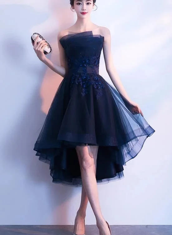 Formal A-Line Long Party Dress-Charming Navy Blue High Low Party Dress, Lace Applique New Style Prom Dress C635