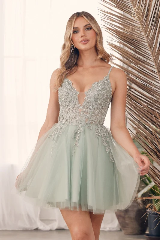 Sleeveless Long Party Dress-Embroidered Short V-Neck Tulle Dress by Nox Anabel G785