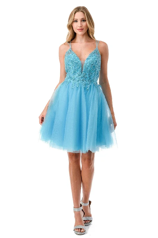 Formal Blue Satin Long Party Dress-Embroidered Short Sleeveless Tulle Dress by Coya S2648