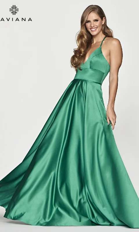 Evening Dress with Lace Back Design-Faviana Long Satin A-Line Prom Dress with Pockets