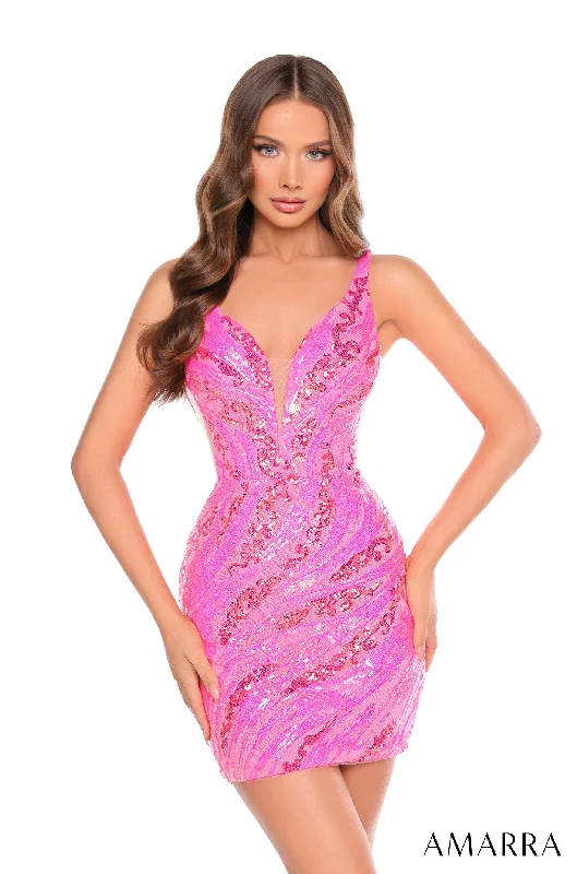 Beaded Satin Long Party Dress-Fitted Sequin Print Short V-Neck Dress by Amarra 88074 - Outlet