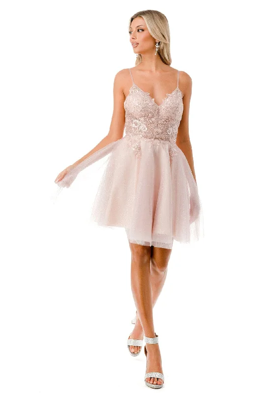 Classic White Satin Long Party Dress-Floral Applique Short V-Neck Tulle Dress by Coya S2742M