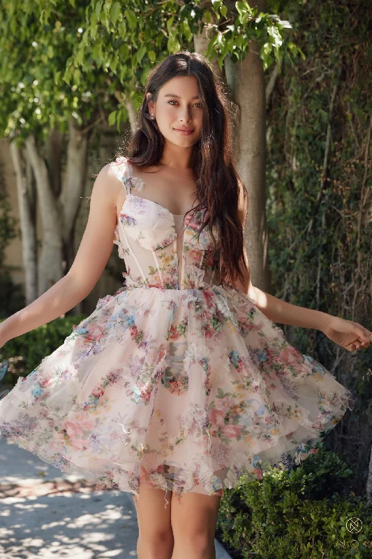 Sexy Long Tulle Party Dress-Floral Print Short Sleeveless Dress by Nox Anabel S849