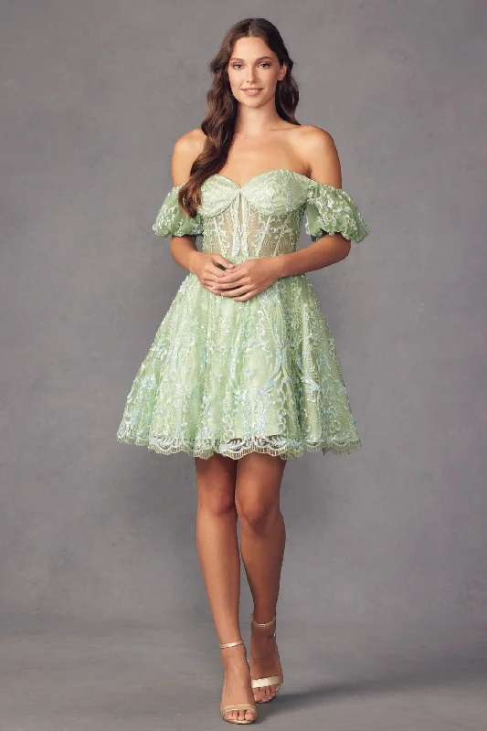 Sequin Long Party Dress-Glitter Print Short Off Shoulder Corset Dress by Juliet 891