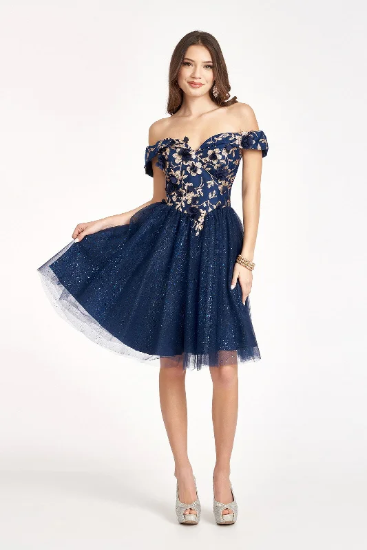 Sparkling Sequin Long Party Dress-Glitter Print Short Off Shoulder Dress by Elizabeth K GS1978