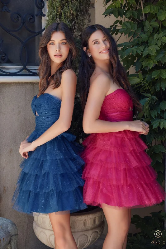 Gorgeous Blue Satin Long Party Dress-Glitter Short Strapless Tiered Dress by Nox Anabel A827