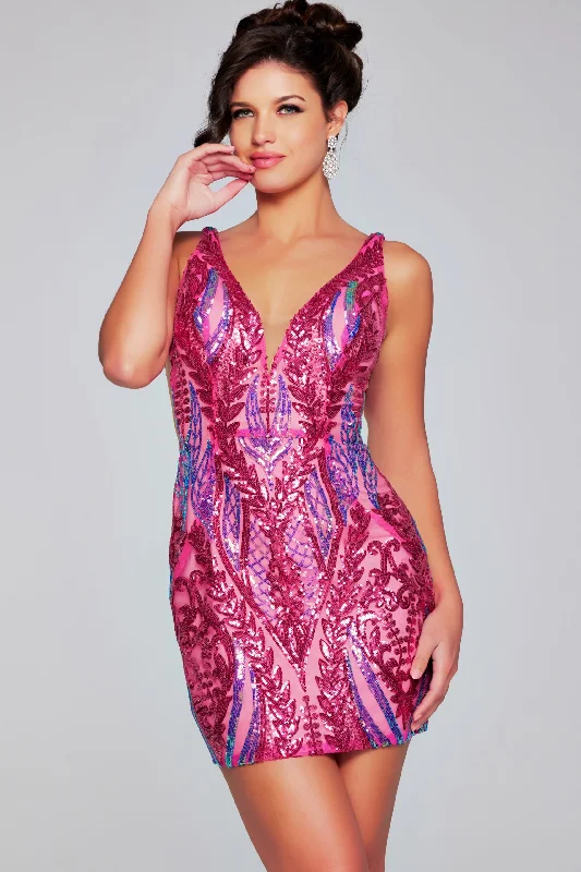 Luxury Long Party Dress-Iridescent Sequin Short V-Neck Dress by Jovani 36784