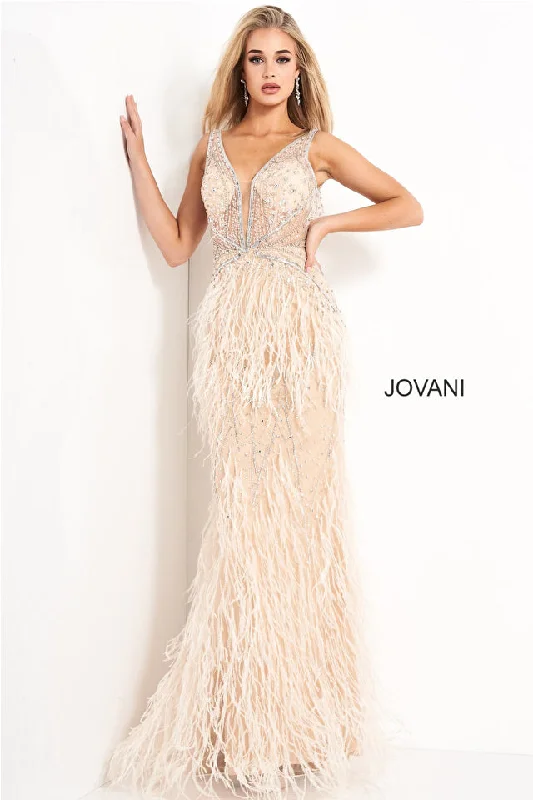 Evening Dress with Lace and Chiffon Bodice-Feather-Embellished Long Jovani Formal Prom Dress