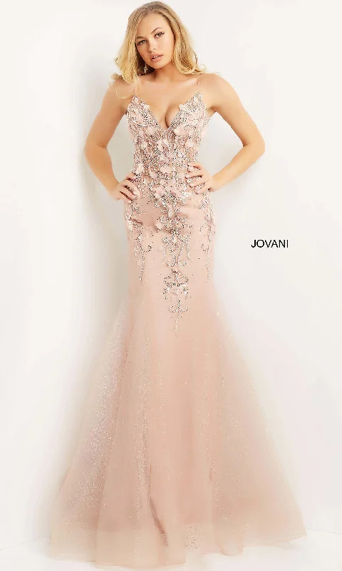 Evening Dress with Crystal and Satin Detail-Blush Pink Sheer-Bodice Mermaid Jovani Prom Dress