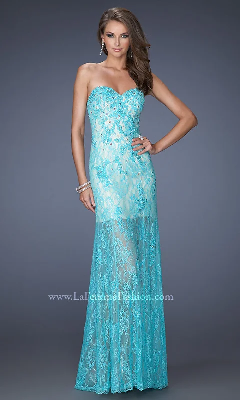 Evening Dress with Satin Skirt and Tulle Bodice-Long Mint Lace Strapless Prom Dress by La Femme